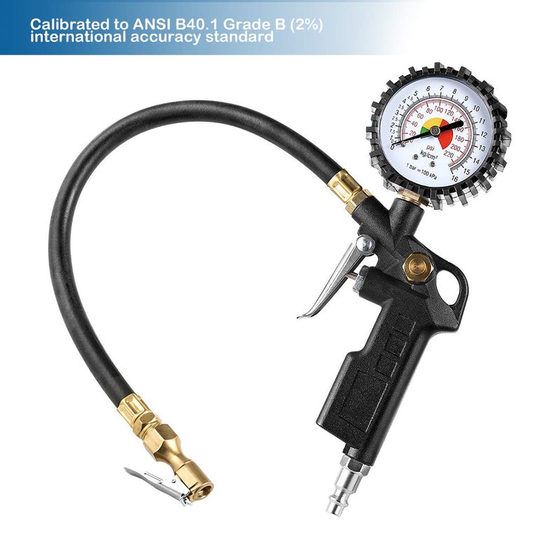 CZC AUTO Tire Inflator Deflator Air Pressure Gauge with Rubber Hose, 2-1/2" Dial Wheel Inflator Gage with Straight Brass Lock-on Chuck Compatible with Air Pump Compressor for RV Car Motorcycle Bike - Image 3